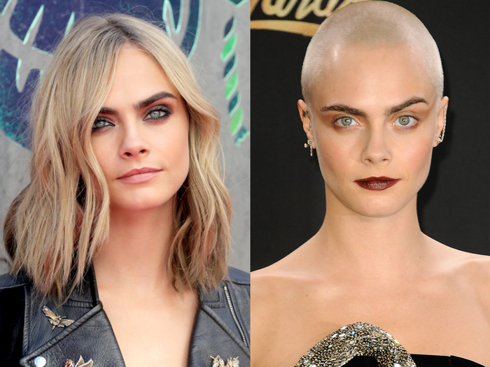 Cara Delevingne with hair and bald