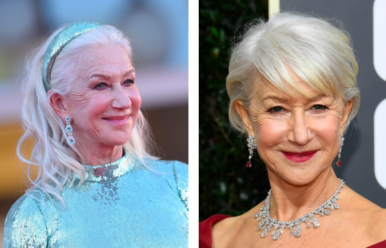 Helen Mirren with long hair (left) and short hair (right)